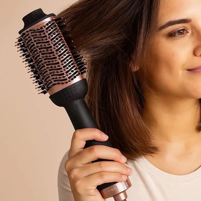 Mulher modelando o cabelo com a escova secadora preta e rosé
